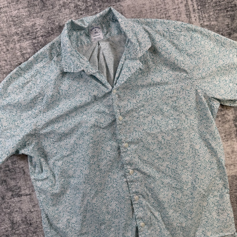 Brooks Brothers Shirt Men Medium Teal White Floral Camp Loop Collar Resort Beach